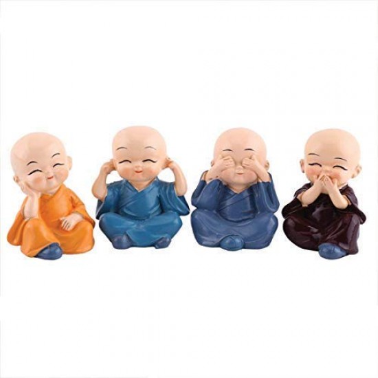 Resin Colorful 4 Buddha Monk Figurines Showpiece for Home and Car Interior Decor (Multicolour, Standard), Set of 4/4 Pic