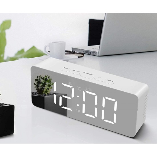Digital LED Mirror Alarm Clock Smart Back Light Table Mirror Alarm Clock with Sensor Date and Temperature for Office Home and Bedroom for Heavy Sleeper
